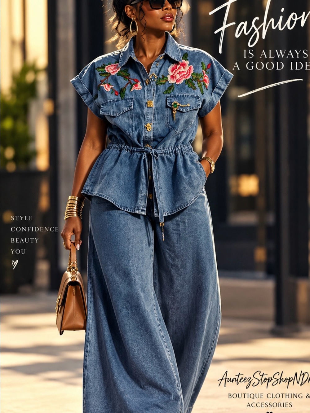Arratta Denim Embroidered Tie-Waist Jumpsuit - Blue